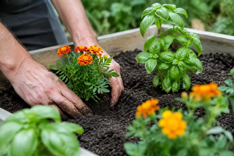 Hände pflanzen Ringelblumen und Kräuter in die Erde eines Hochbeets