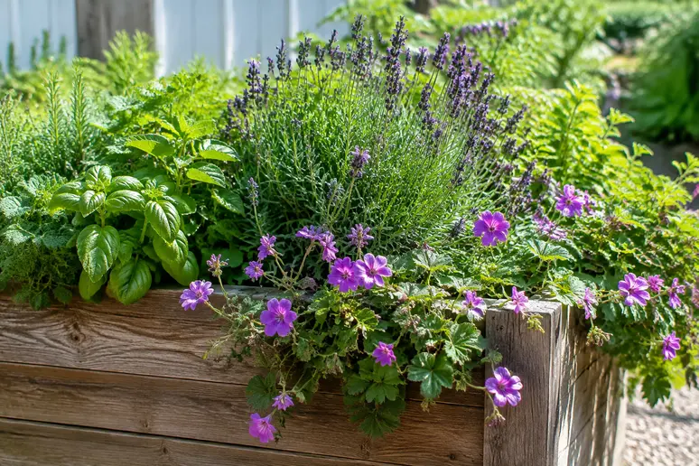 Mehrjährige Stauden und hängende Blumen am Rand eines Hochbeets