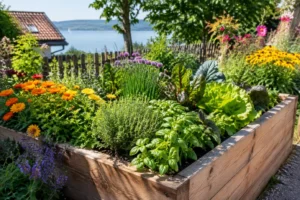 Bunte blumen hochbeet mit frischen kräutern und gemüse in einem sonnigen garten am bodensee