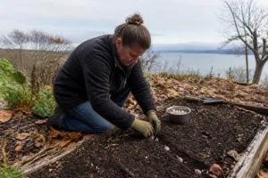 Praxisnahe gartenarbeit im oktober mit dem Einsetzen von Knoblauch in ein Hochbeet