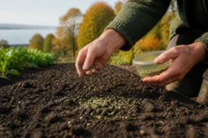 Hände säen samen für gründüngung herbst in fruchtbare gartenerde aus
