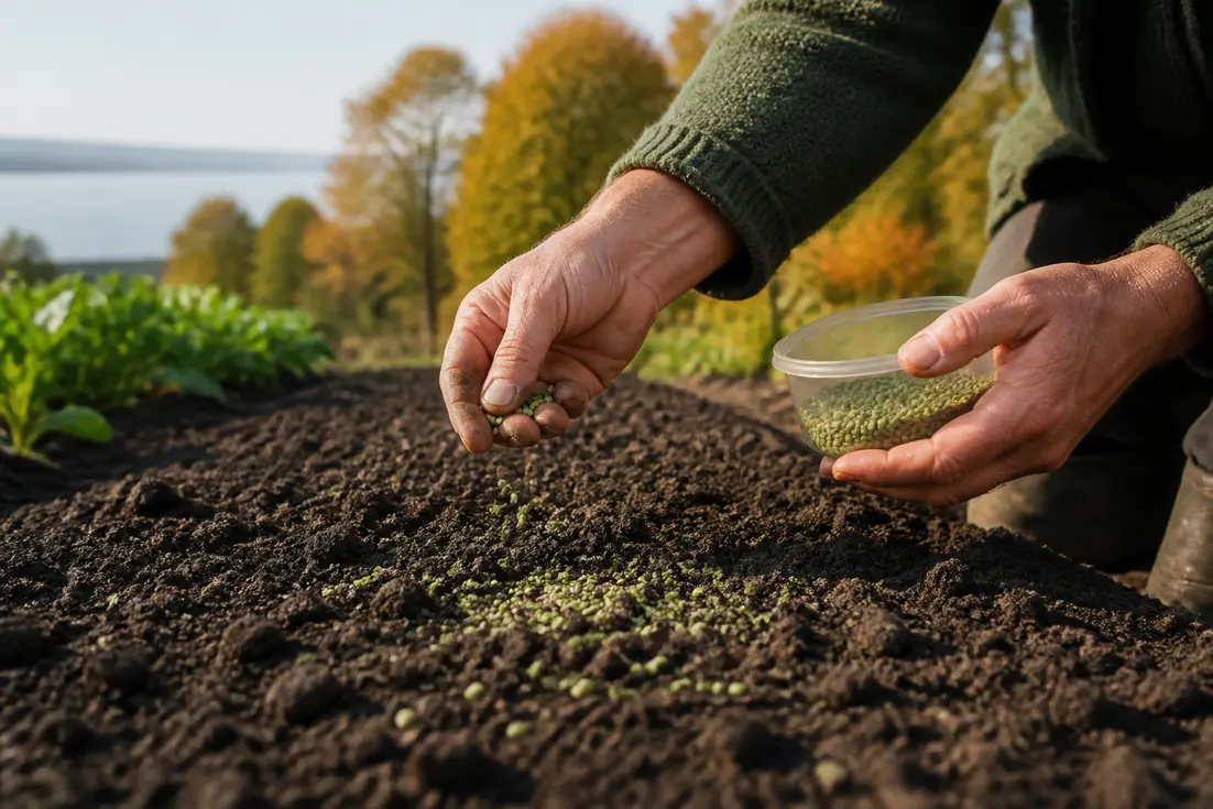 Hände säen samen für gründüngung herbst in fruchtbare gartenerde aus