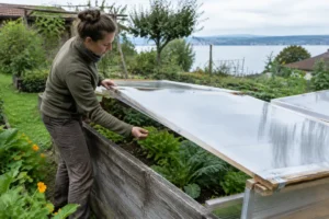 Praktische hochbeet abdeckung aus Doppelstegplatten auf einem Holzhochbeet im Garten am Bodensee