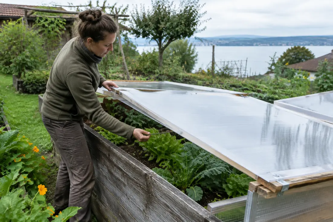 Praktische hochbeet abdeckung aus Doppelstegplatten auf einem Holzhochbeet im Garten am Bodensee