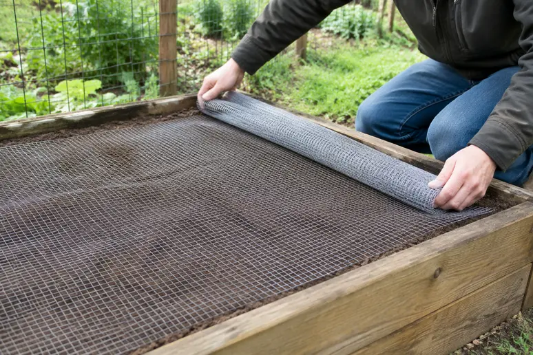 Wühlmausgitter wird passgenau auf dem ebenen Untergrund im Garten ausgelegt