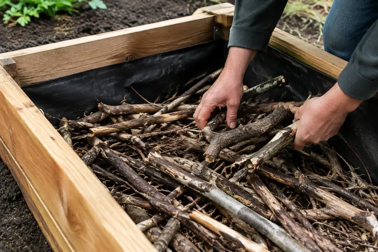Unterste Drainageschicht aus grobem Holz wird in das Hochbeet eingefüllt