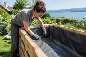 Gärtner beim Auskleiden der Innenseite von einem hochbeet aus paletten im Garten