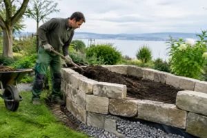 Ein Gärtner befüllt ein massives hochbeet aus stein mit frischer Gartenerde im Gemüsebeet.