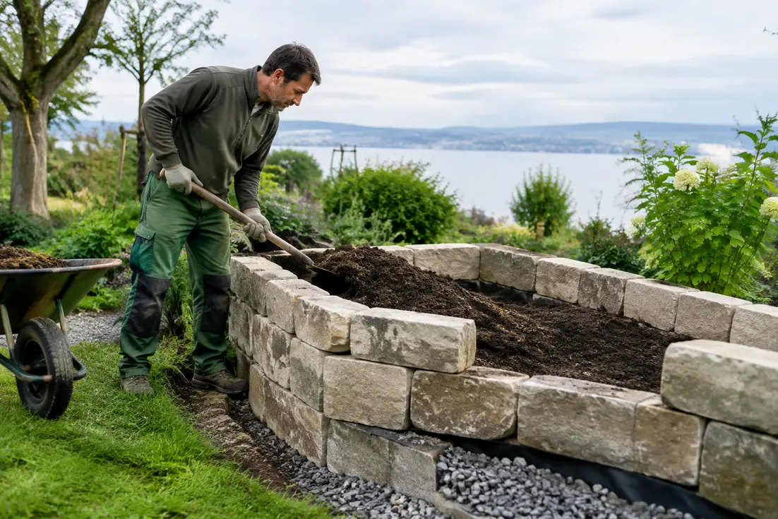 Ein Gärtner befüllt ein massives hochbeet aus stein mit frischer Gartenerde im Gemüsebeet.