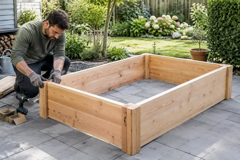 Hochbeet-Bausatz aus Lärche auf festen Pflastersteinen im Garten aufbauen