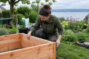 Hochbeet bausatz aus Lärche wird im Garten fachgerecht aufgebaut