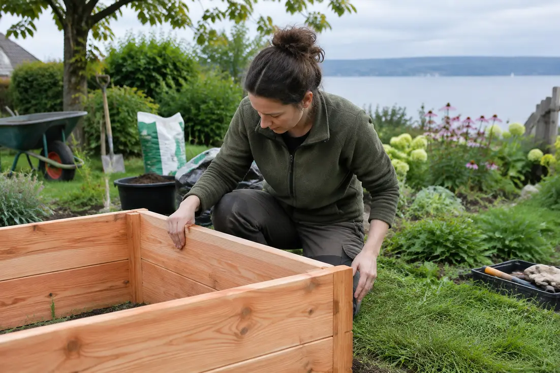 Hochbeet bausatz aus Lärche wird im Garten fachgerecht aufgebaut