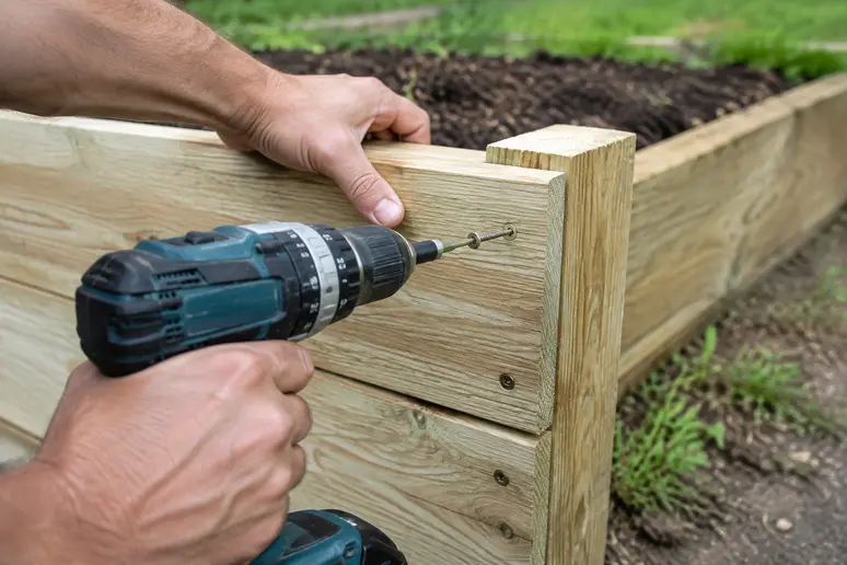 Hände verschrauben Holzbretter und Eckpfosten beim Bau eines stabilen Hochbeet DIY im Garten