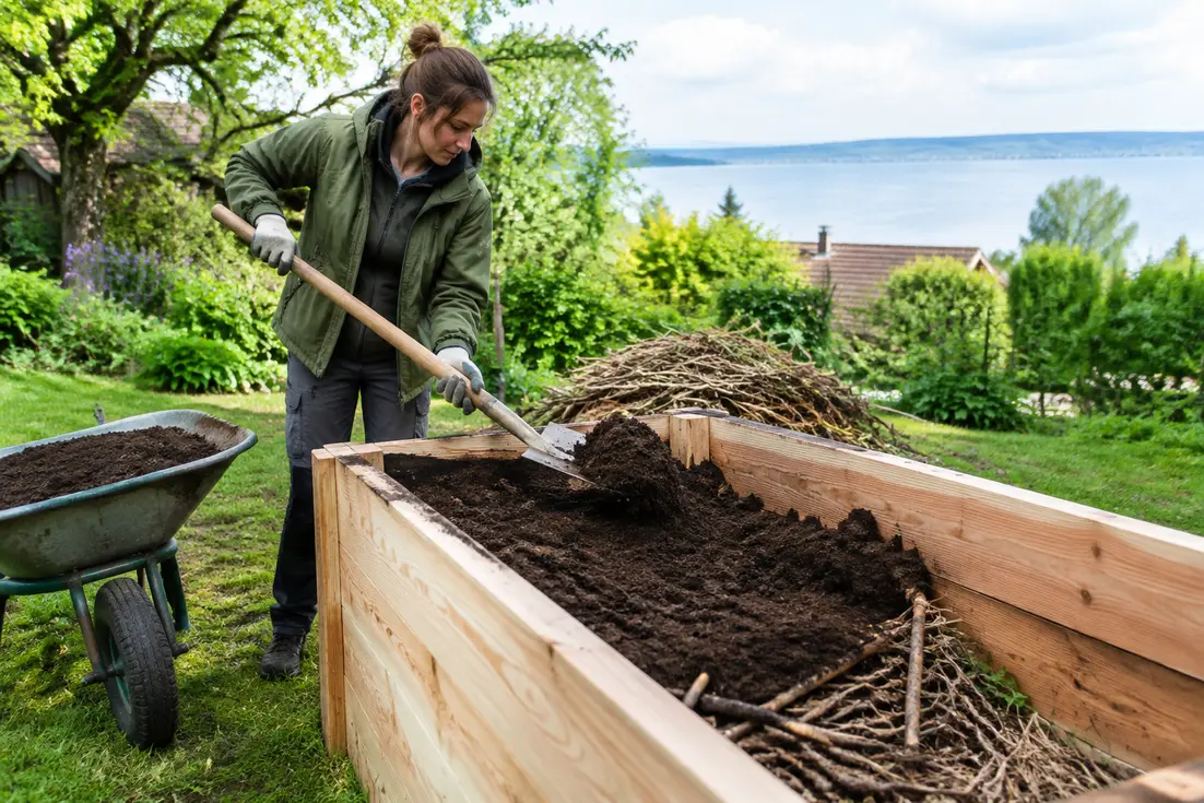 Gärtner befüllt ein hölzernes hochbeet diy im Garten mit Erde und Zweigen.