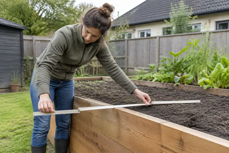 Gärtner misst die optimale Breite eines großen Hochbeets im Garten mit einem Zollstock.