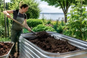 Gärtner befüllt ein hochbeet groß mit Kompost im Garten am Bodensee