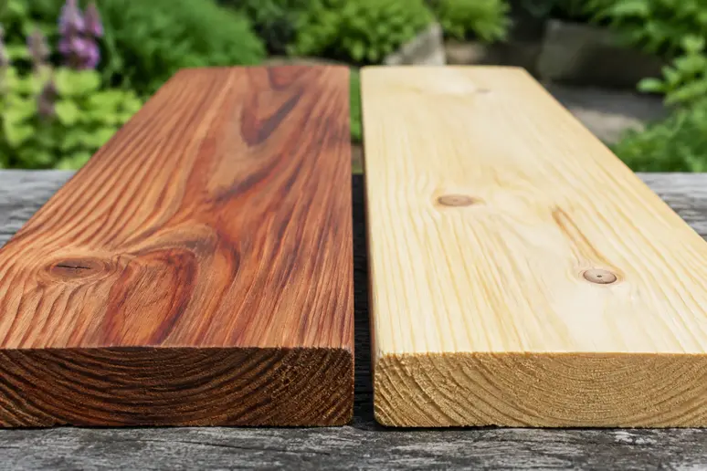 Direkter Vergleich von Lärchenholz und Fichtenholz für das hochbeet holz im Garten.
