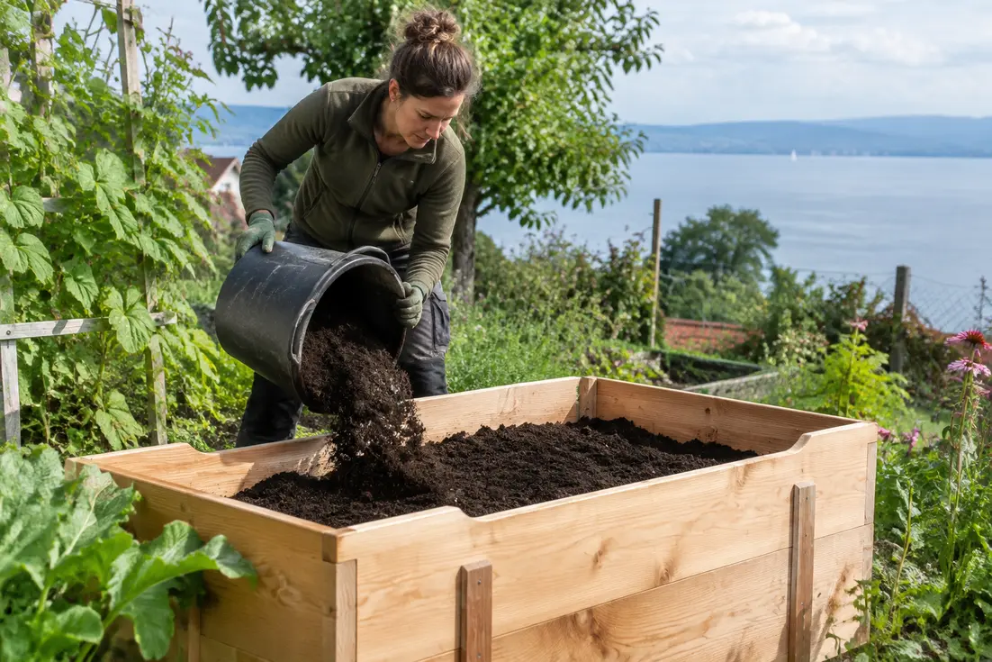 Ein Gärtner füllt frische Erde in ein stabiles hochbeet holz im Garten.