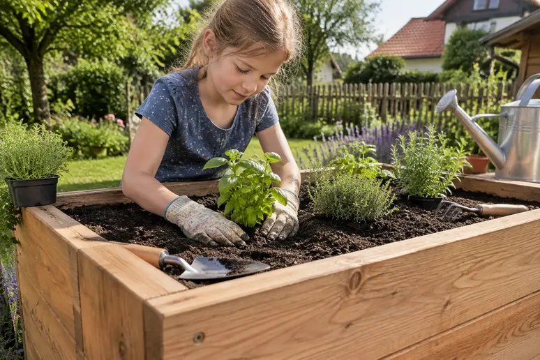 Kind pflanzt Kräuter in ein stabiles Kinderhochbeet aus Holz im sonnigen Garten
