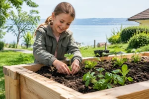 Ein Kind pflanzt gemeinsam mit einem Erwachsenen frische Setzlinge in ein hochbeet kinder im sonnigen Garten.