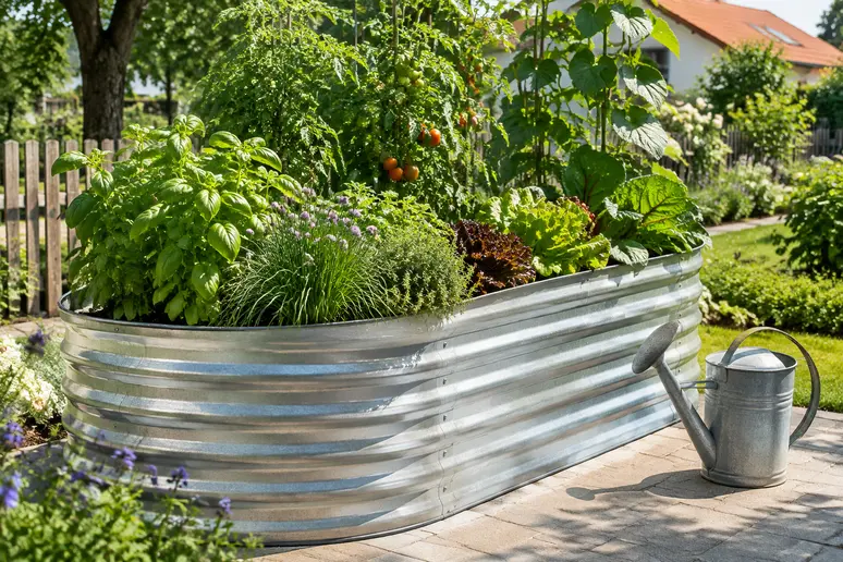 Ein verzinktes Metall-Hochbeet steht sonnig im Garten und zeigt grünes Gemüse sowie eine Gießkanne.