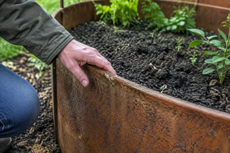 Nahaufnahme eines Edelrost-Hochbeets im Garten zeigt die typische Metalloberfläche und die Erde.