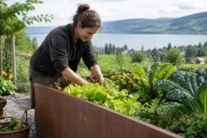 Zwei verschiedene hochbeet metall Ausführungen in einem naturnahen Nutzgarten am Bodensee im Tageslicht