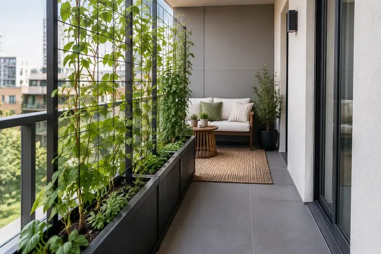 Hochbeet mit Rankgitter auf dem Balkon mit ausreichend Abstand zum Sitzbereich