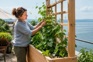 Eine Gärtnerin pflegt Kletterpflanzen in einem stabilen hochbeet mit rankgitter auf dem sonnigen Balkon.