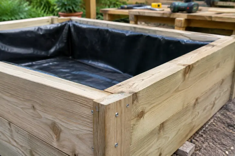 Selbstgebautes Hochbeet mit Sichtschutz aus Fichtenbalken und integrierter Teichfolie