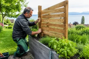 Ein Gärtner montiert in einem Garten am Bodensee ein stabiles hochbeet mit sichtschutz aus Holz