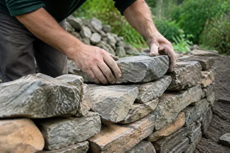 Sorgfältiger Aufbau eines Naturstein-Hochbeets in Trockenbauweise mit leichter Neigung