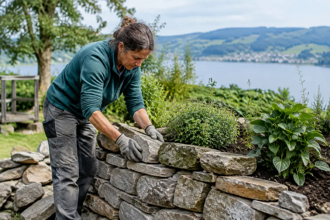 Ein Gärtner baut im Garten am Bodensee ein stabiles hochbeet naturstein aus Trockenmauern auf.