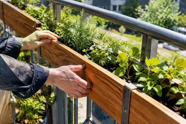 Schmales Hochbeet aus Holz auf einem sonnigen Balkon mit Kräutern und Gartenerde
