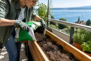 hochbeet schmal auf einem sonnigen Balkon mit Erde befüllen