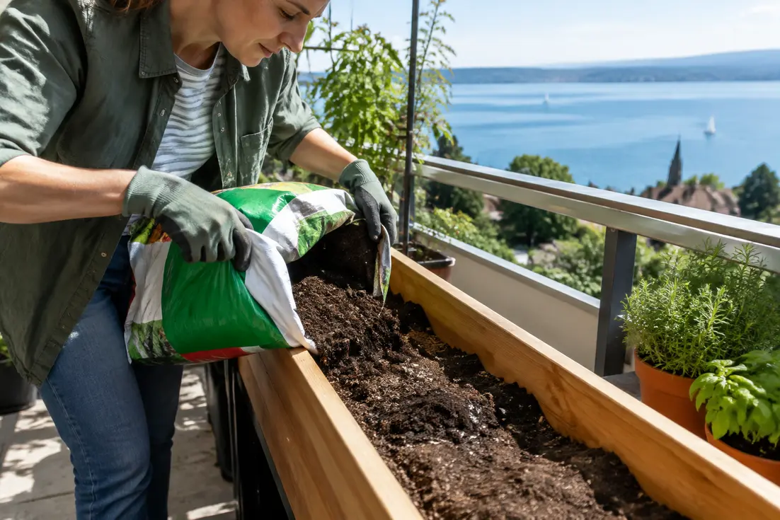 hochbeet schmal auf einem sonnigen Balkon mit Erde befüllen