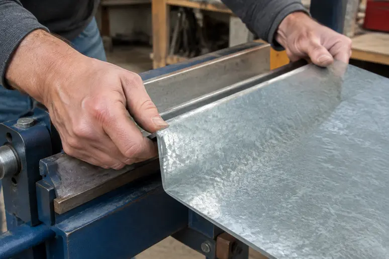 Verzinktes Stahlblech für den Schneckenschutz am Hochbeet wird exakt im Winkel gebogen.