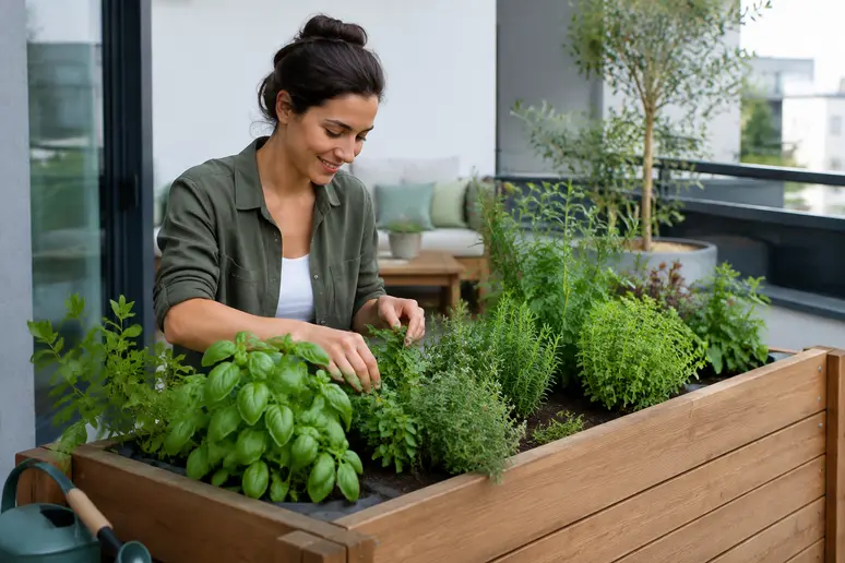 Gärtnern im ergonomischen Hochbeet auf der Terrasse in bequemer Arbeitshöhe