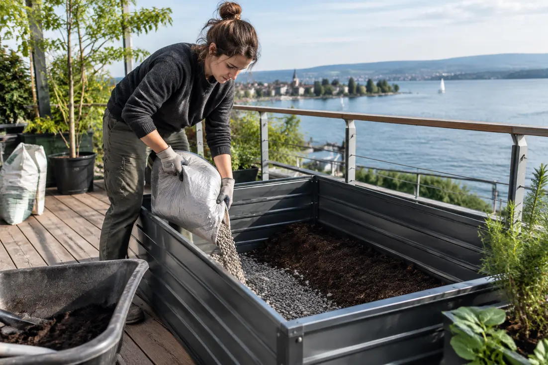 Ein hölzerner Balkon mit einem hochbeet terrasse voller frischer Erde und Pflanzen mit Blick auf den See