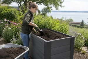 Ein hochbeet wpc mit 75 cm Höhe im naturnahen Garten mit frischer Gartenerde befüllt