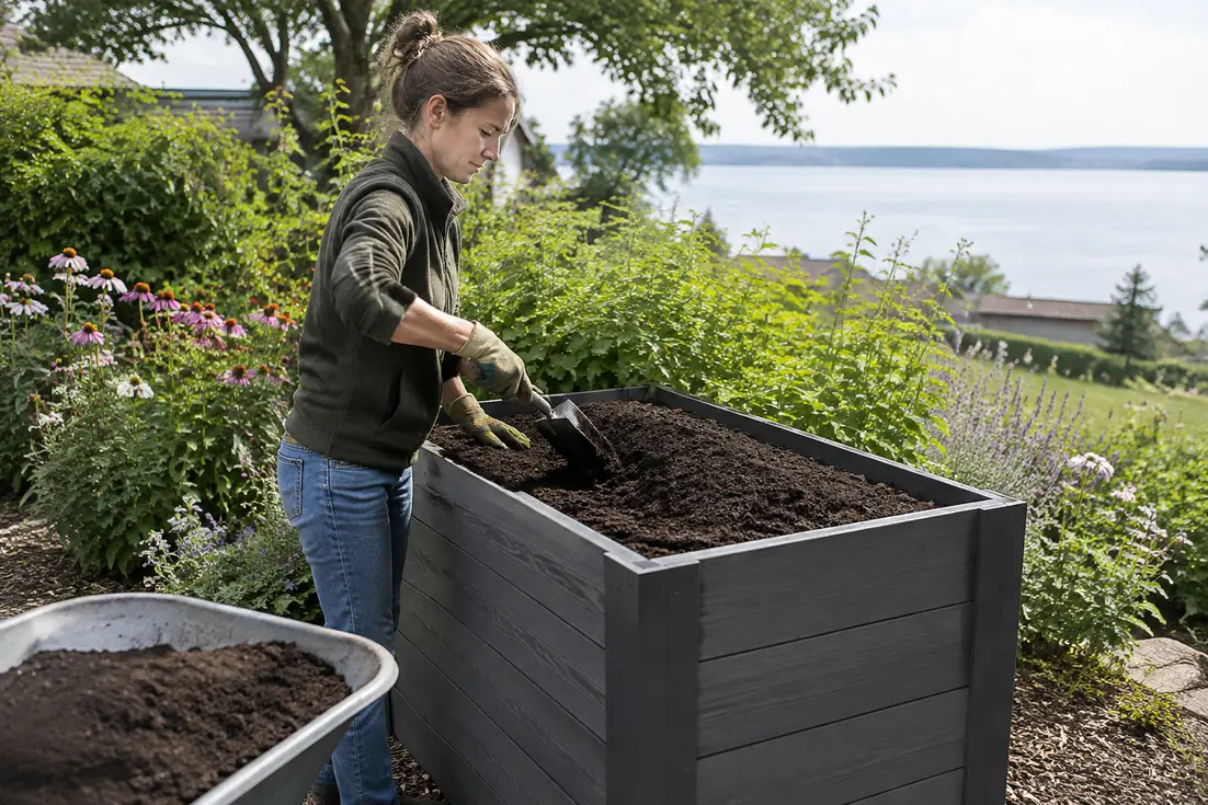 Ein hochbeet wpc mit 75 cm Höhe im naturnahen Garten mit frischer Gartenerde befüllt