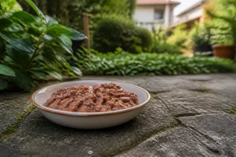 Ein Futternapf mit proteinreichem Feuchtfutter für Igel steht auf einer Terrasse im Garten.