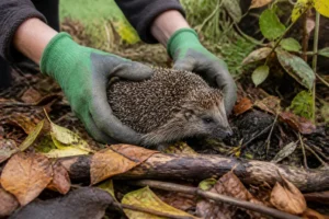 Ein gesunder Igel im Garten gut oder schlecht untersucht im herbstlichen Naturgarten am Bodensee.