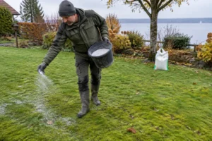 Gärtner streut kalk gegen moos im rasen im herbstgarten am bodensee