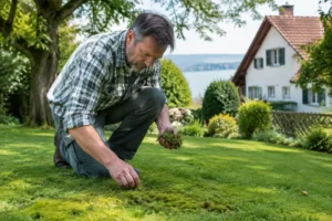 Gärtner entfernt manuell moos im rasen entfernen im heimischen Garten am Bodensee