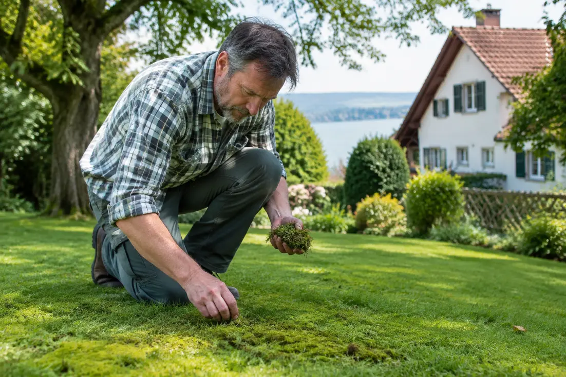 Gärtner entfernt manuell moos im rasen entfernen im heimischen Garten am Bodensee