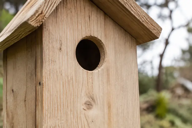 Hölzerner Nistkasten mit genau bemessenem Einflugloch für Vögel im Garten