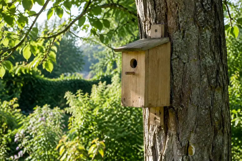 An einem Baum befestigte Nisthilfe für Vögel in östlicher Ausrichtung