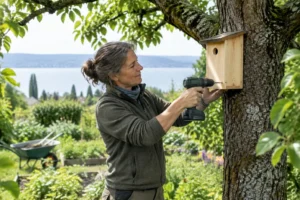 Naturnaher Garten am Bodensee mit praktischen nisthilfen für vögel am Obstbaum