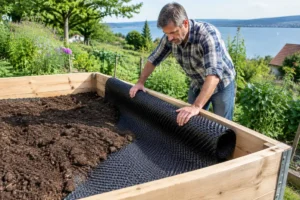 Gärtner bringt noppenfolie hochbeet im Garten am Bodensee an